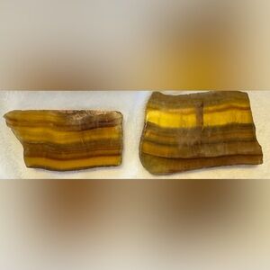 2 Slabs of Yellow Fluorite, colors are yellow, gold, and brown, natural stone